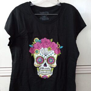 Wound Up Women's Floral Sugar Skull Cap Sleeve T-Shirt Black SIZE 3XL/3XG (21)
